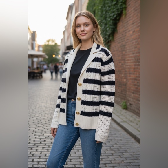 Talbots Sweaters - Talbots Navy and Cream Striped Cardigan